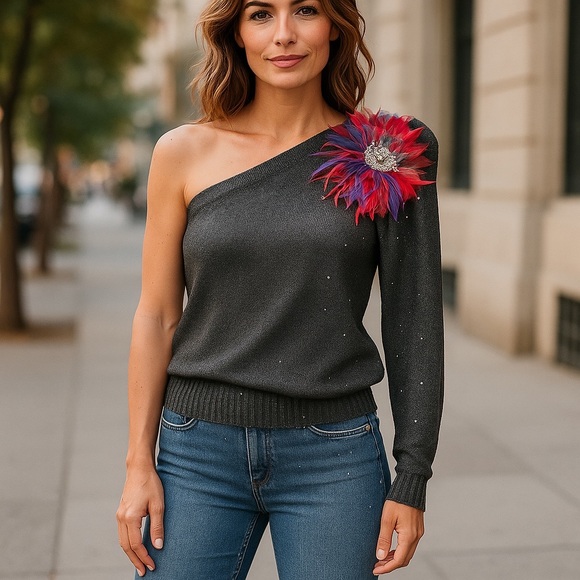 VINTAGE EMBELLISHED 80s Feather red Rosette 1-sleeved knit jersey black 6 - Picture 1 of 16